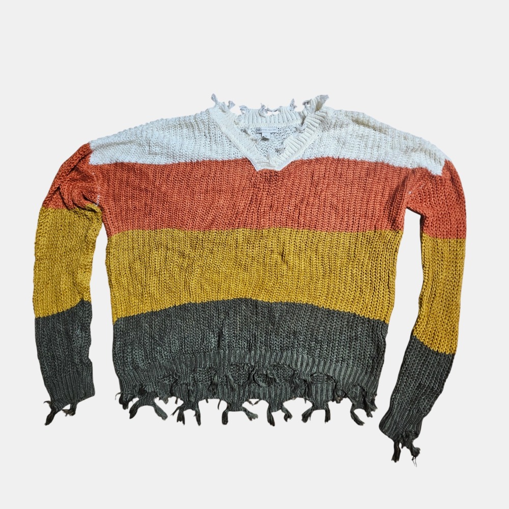 Cato Colorblock Striped‎ Distressed Crochet Knit Jumper Sweater M Fallcore